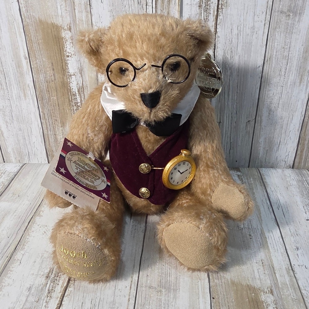 Dan Dee 100th Anniversary Teddy Bear 1902-2002 Scholar Glasses Pocket Watch NWT